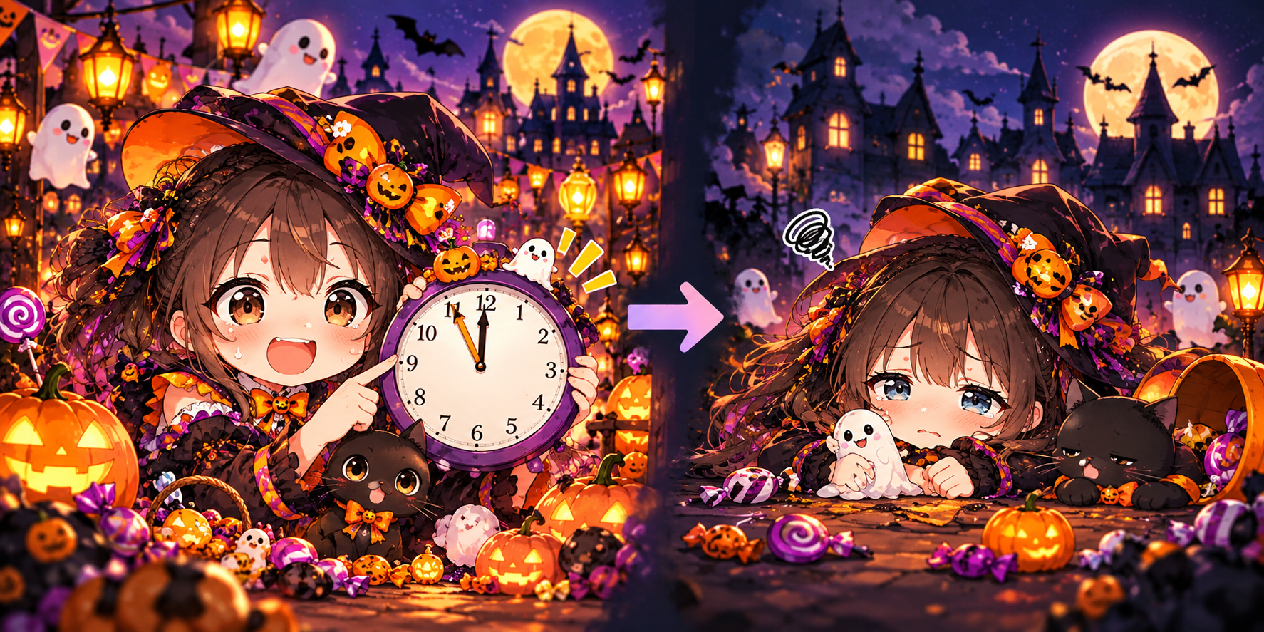23時から23時59分まで、時計を指して「あと1時間！」と盛り上がるコデちゃんとマメ