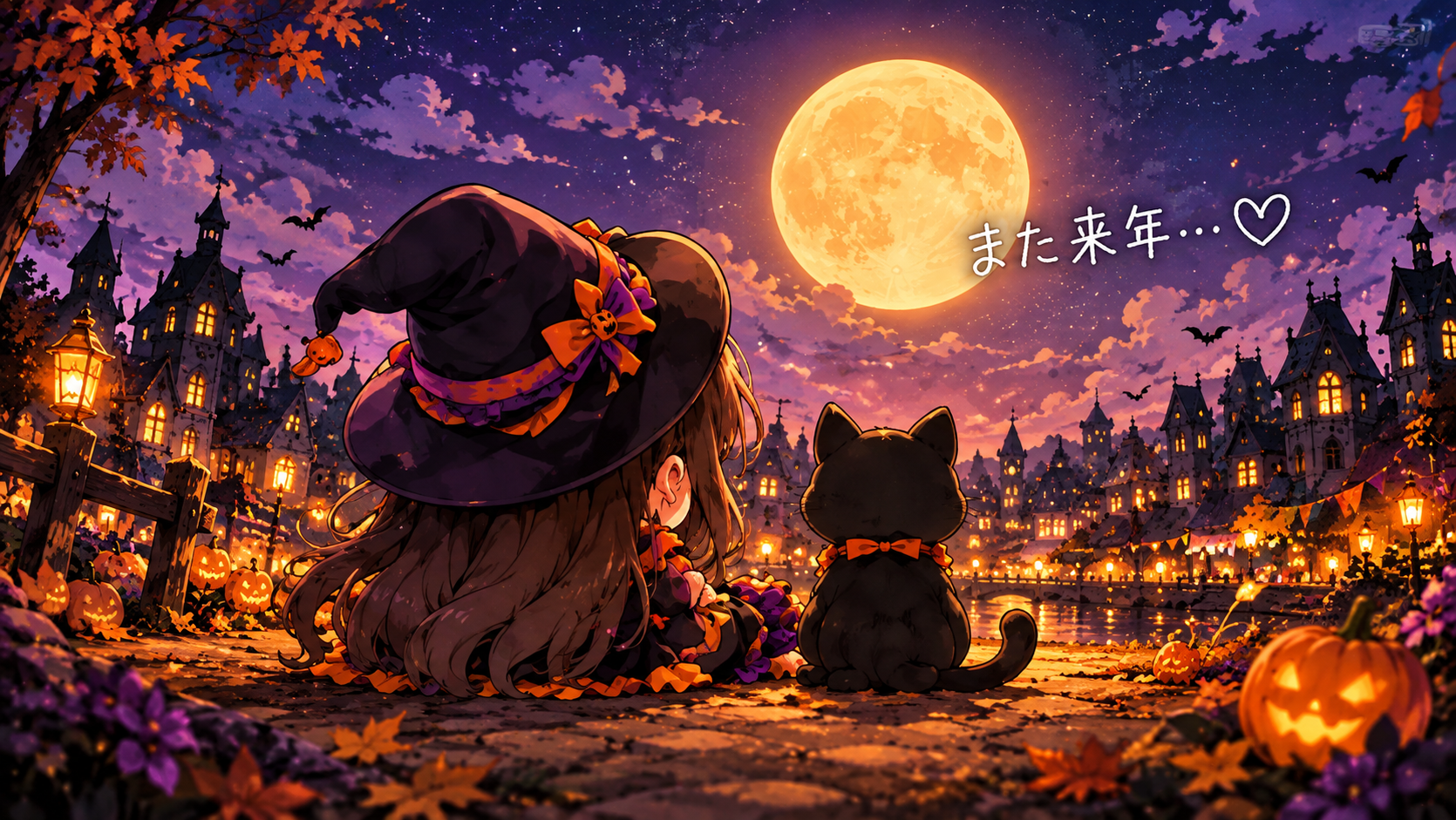 ハロウィンの街を眺めるコデちゃんとマメ。また来年。