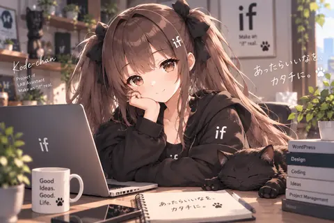 ノートPCの前で微笑むコデちゃんと眠る黒猫