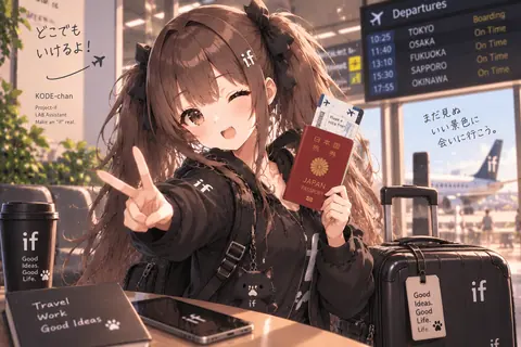空港でパスポートを持ちピースサインをするコデちゃん
