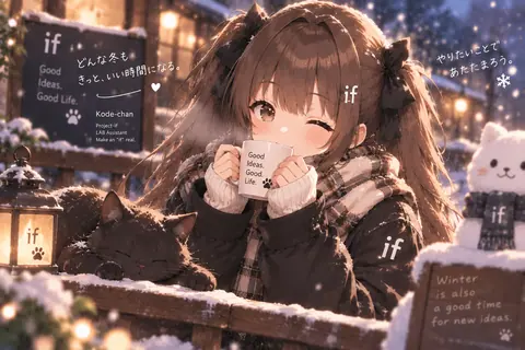 雪の中、マグカップで飲みものを飲むコデちゃん