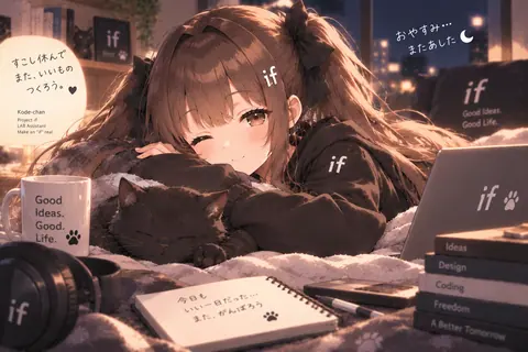 ベッドで黒猫を抱きしめて微笑むコデちゃん