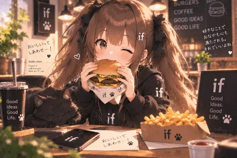 ハンバーガーを食べるコデちゃん