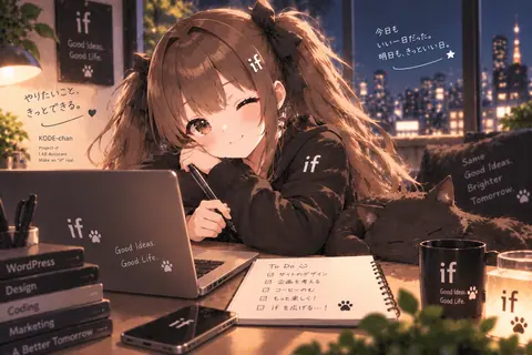 夜、夜景を背に机に向かうコデちゃん