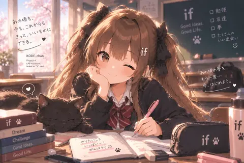 教室で制服姿のコデちゃんと黒猫、桜が窓の外に見える