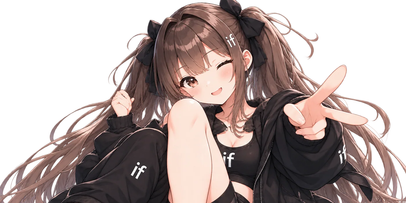 ピースサインをするコデちゃん。黒いジップパーカーに「if」のロゴが入っている