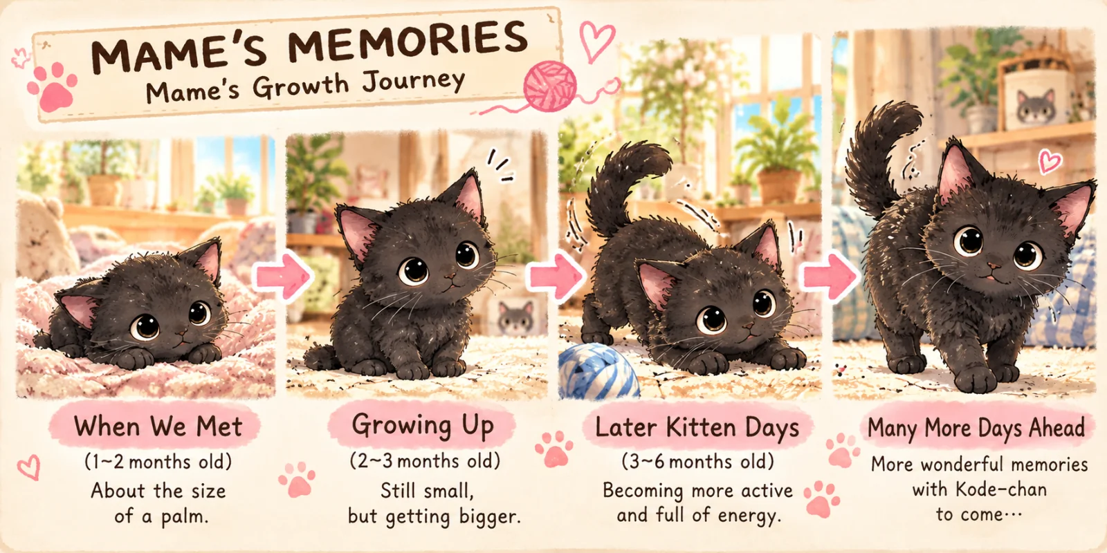 Mame's growth journey. When We Met (1–2 months old): about the size of a palm. Growing Up (2–3 months old): still small, but getting bigger. Later Kitten Days (3–6 months old): becoming more active and full of energy. Many More Days Ahead: more wonderful memories with Kode-chan to come.