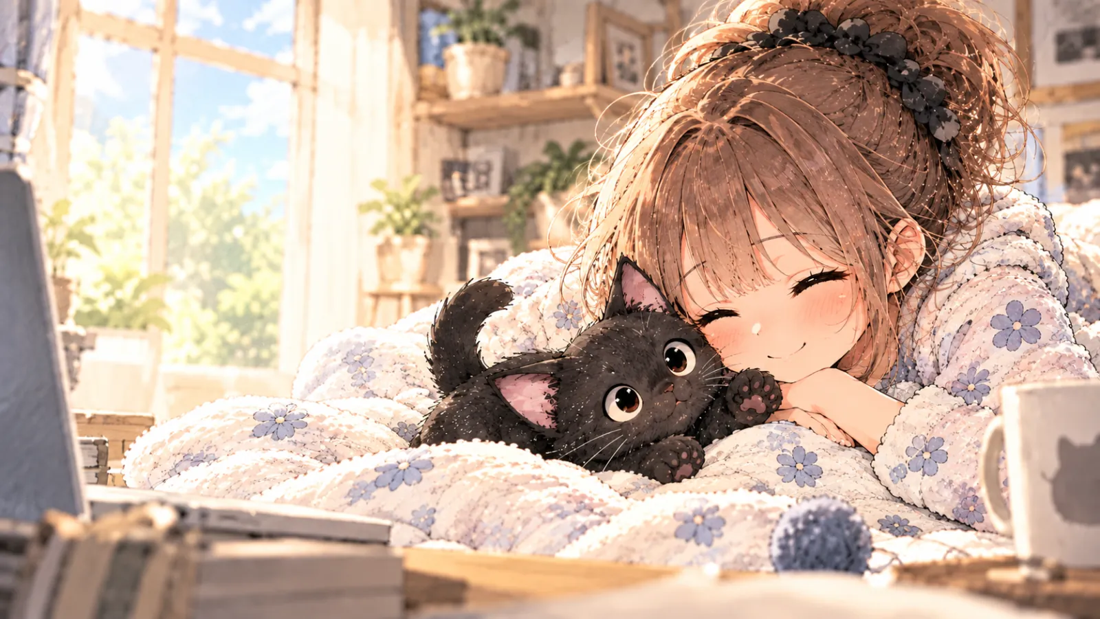 In a sunny room, Kode-chan smiles with her cheek on a blanket while Mame the black cat snuggles against her