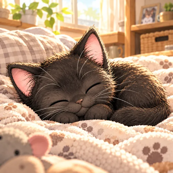 Mame curled up asleep on a blanket
