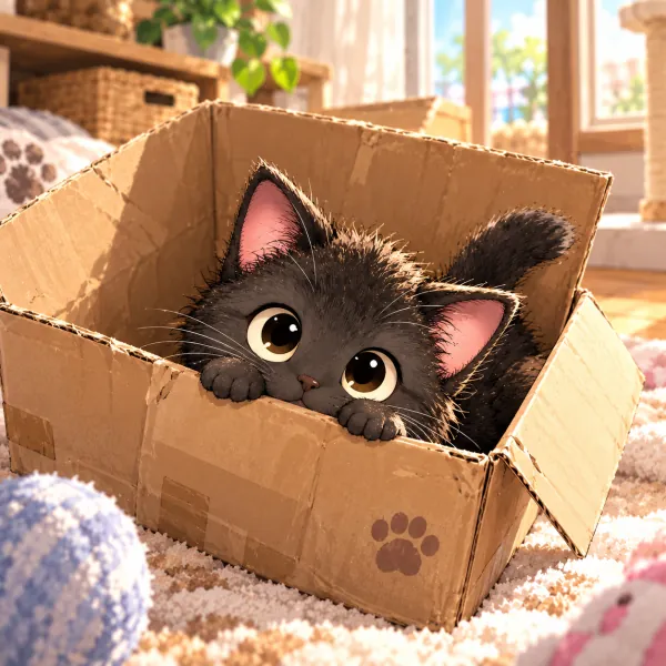 Mame peeking out of a cardboard box