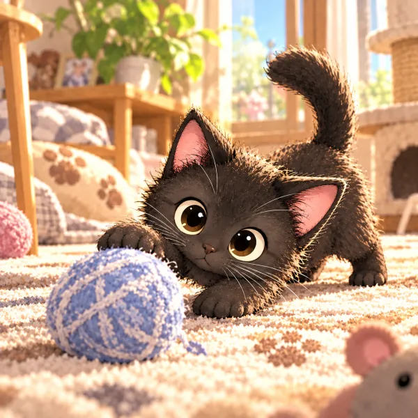 Mame reaching a paw toward a ball of yarn