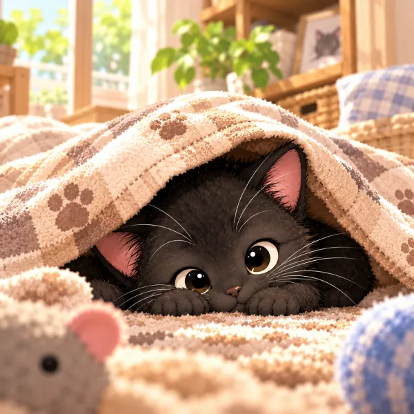 Mame hiding under a blanket with only his eyes peeking out
