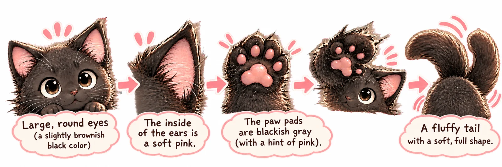 Mame's features. Large, round eyes (a slightly brownish black color). The inside of the ears is a soft pink. The paw pads are blackish gray (with a hint of pink). A fluffy tail with a soft, full shape.