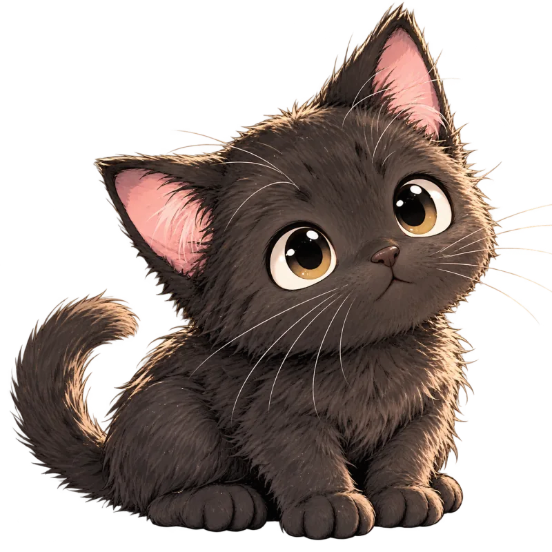 Mame the black cat tilting his head and looking up with big round eyes