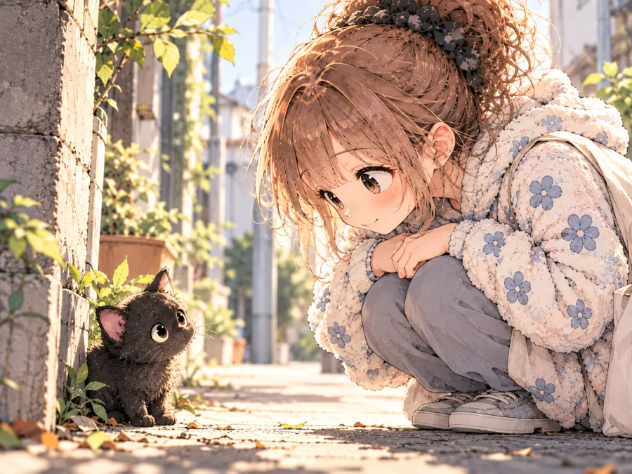 On a sunny side street, Kode-chan crouches down and spots a tiny black cat by a wall