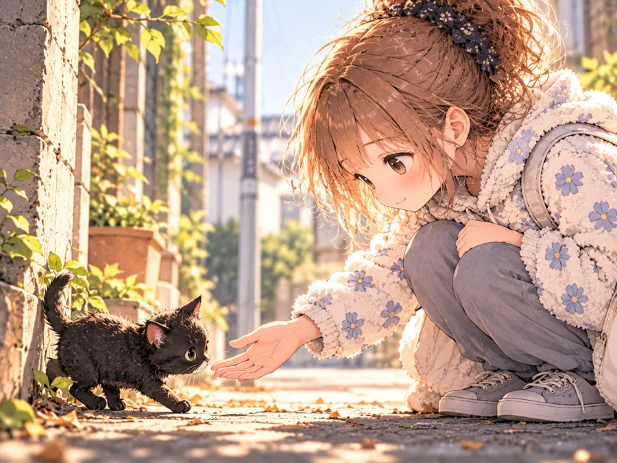 Kode-chan gently holds out a hand as the black cat cautiously creeps closer
