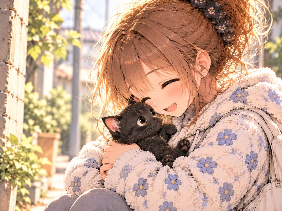 Kode-chan holds the black cat for the first time, smiling happily
