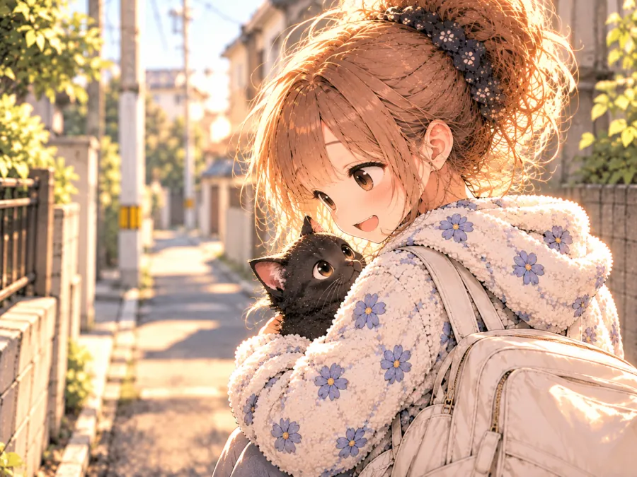Kode-chan carries the black cat carefully in her arms on the way home