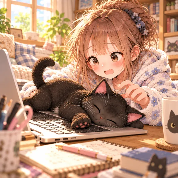 Mame sprawled across Kode-chan's laptop while she tries to work