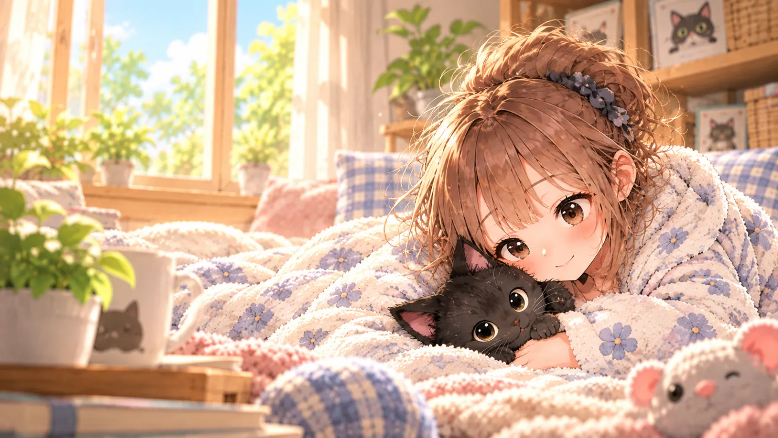 Kode-chan relaxing in bed with Mame snuggled in her arms