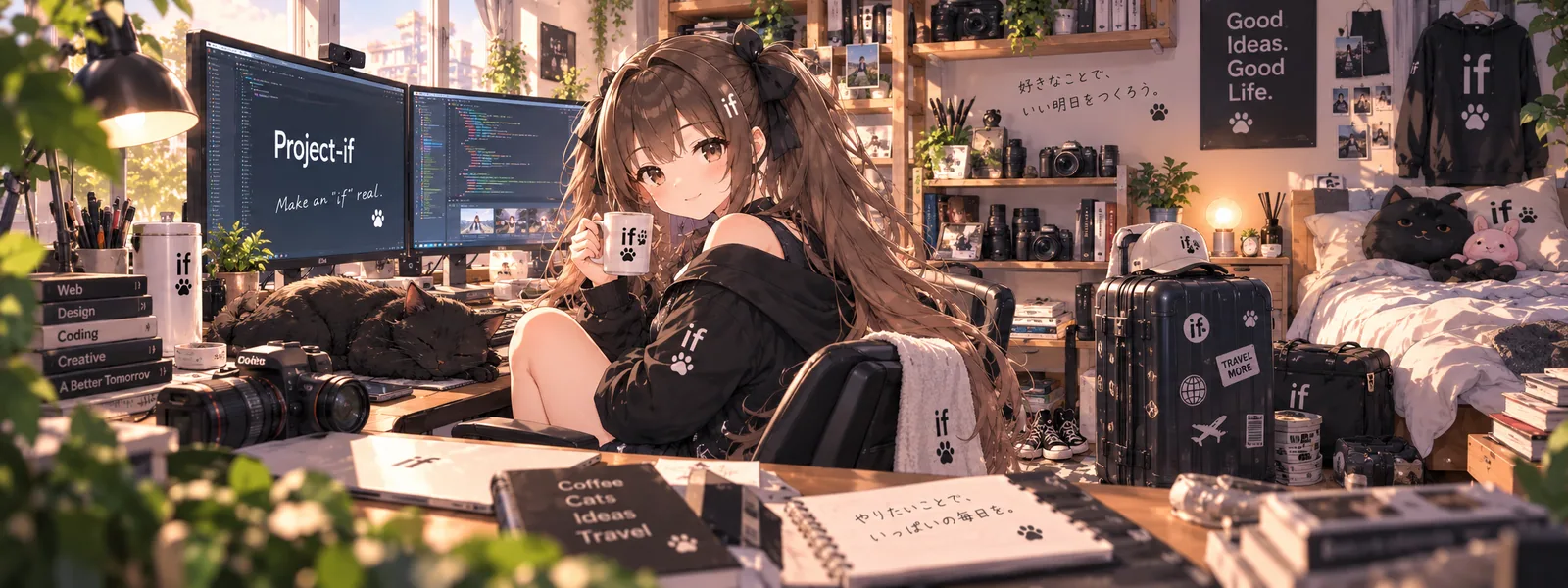 ノートPCと2台のモニター、本棚、スーツケースに囲まれたコデちゃんの部屋