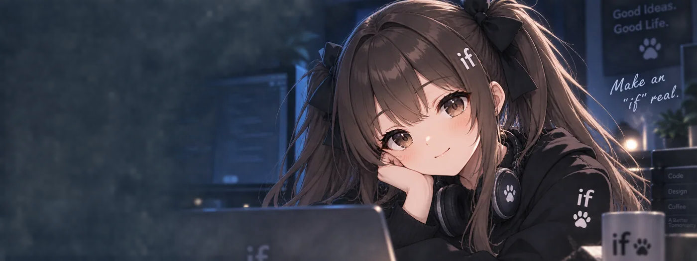 夜、ノートPCの前で頬杖をつくコデちゃん